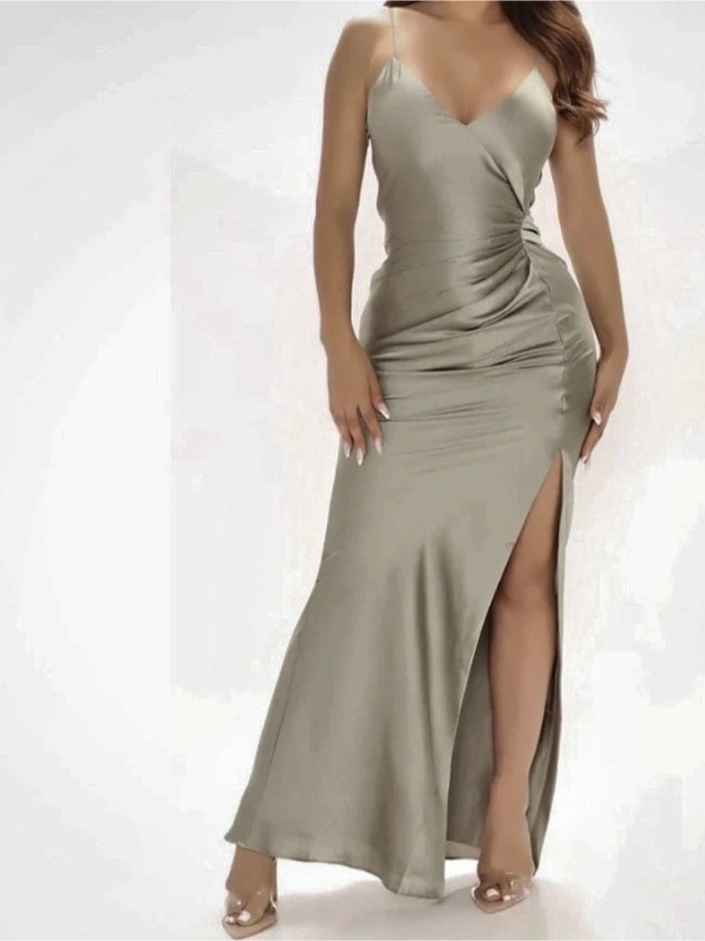 Fashion Nova Hot Date Satin Maxi Dress Ruched Green Size Small